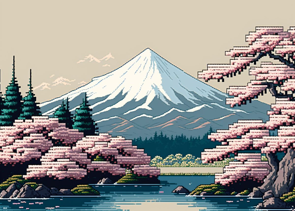 Mount Fuji Pixel Art 01 Poster Picture Metal Print Paint By