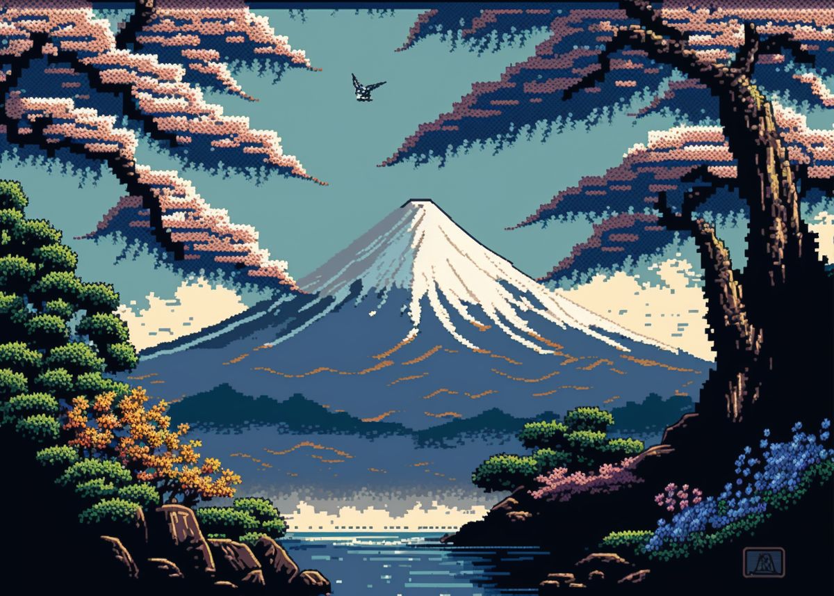 Mount Fuji Pixel Art 02 Poster Picture Metal Print Paint By