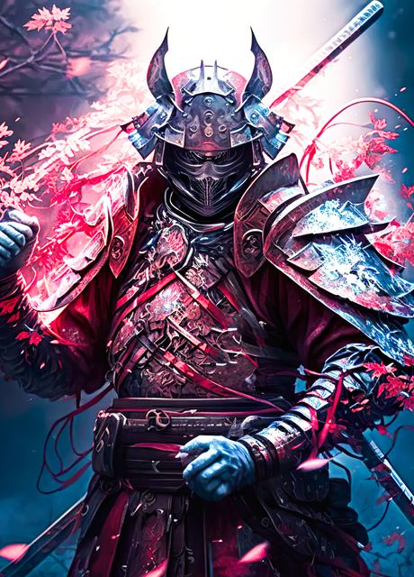 Japanese Samurai In Red Poster Picture Metal Print Paint By