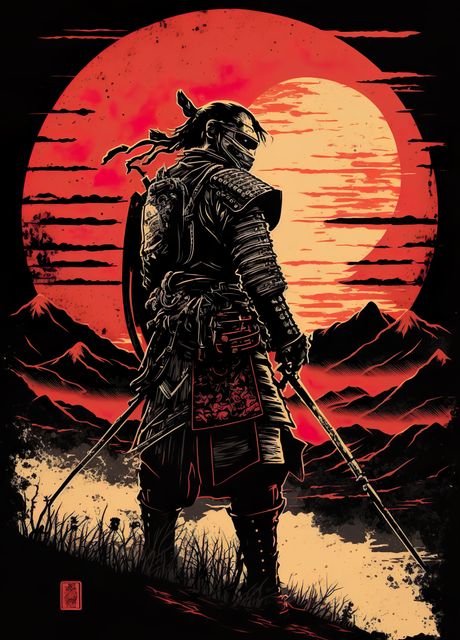 Sun Set Samurai Poster Picture Metal Print Paint By