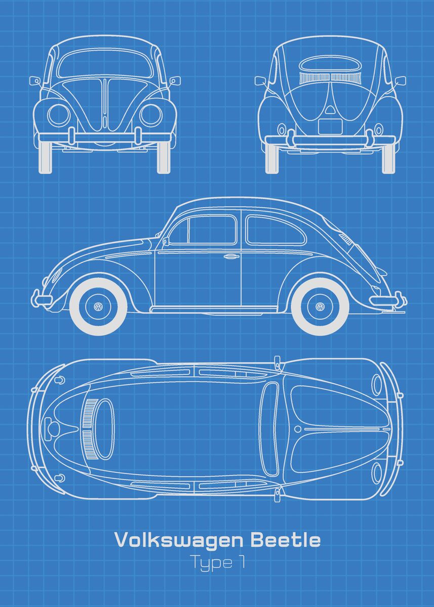 VW Beetle Type 1 Blueprint Poster Picture Metal Print Paint By