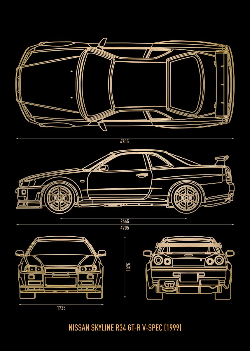 Nissan Skyline R34 GTR Poster Picture Metal Print Paint By Rocket