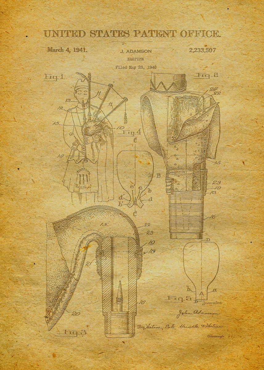 47 Bagpipe Patent 1940 Poster Picture Metal Print Paint By Danika