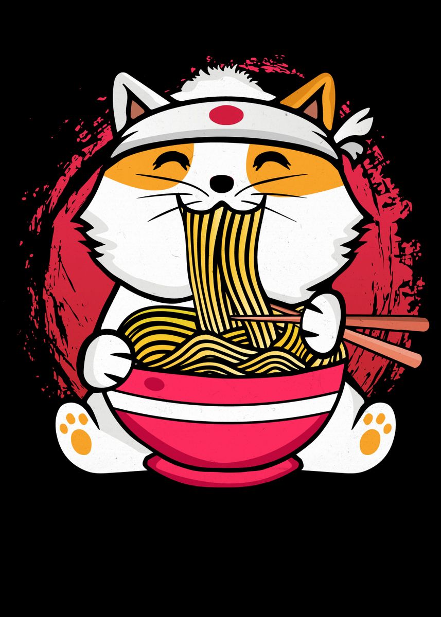 Cat Eating Ramen Noodles Poster Picture Metal Print Paint By