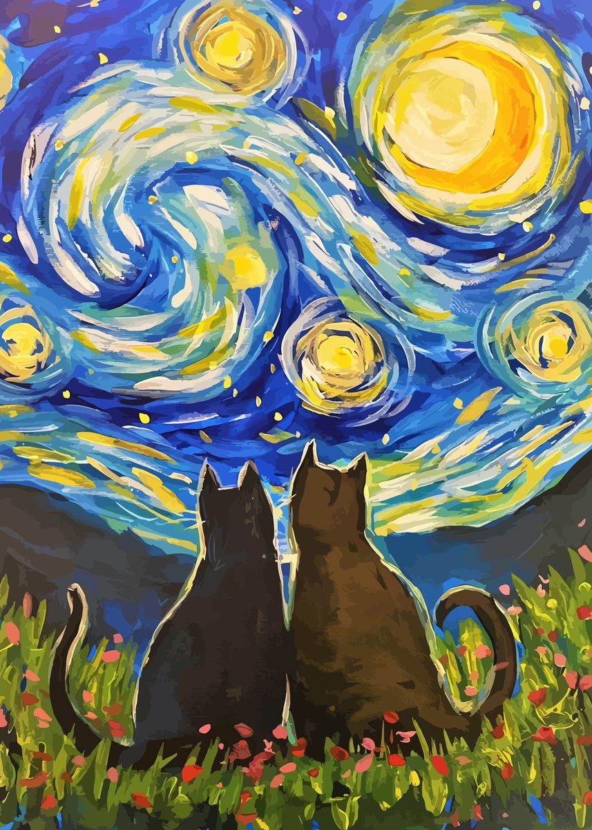 Cat Starry Night Van Gogh Poster Picture Metal Print Paint By Wall