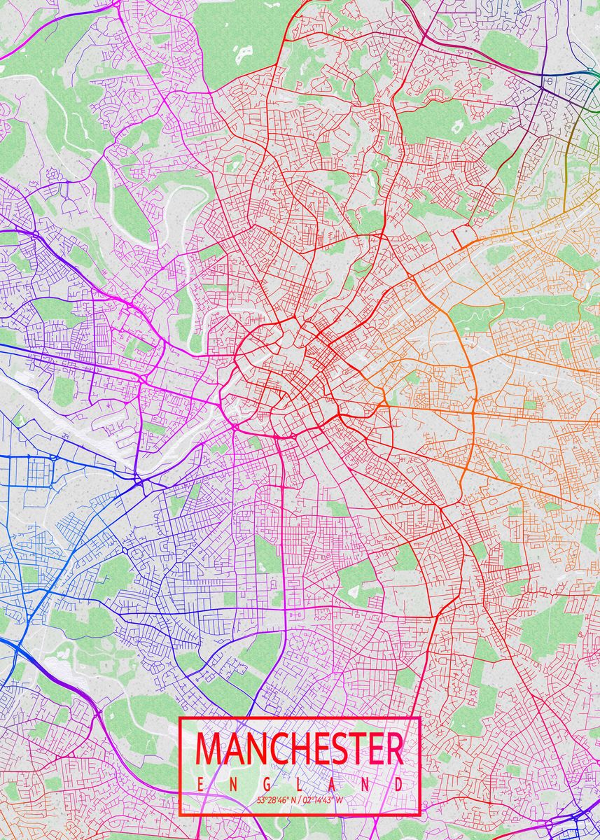 Manchester Map Colorful Poster Picture Metal Print Paint By Demap