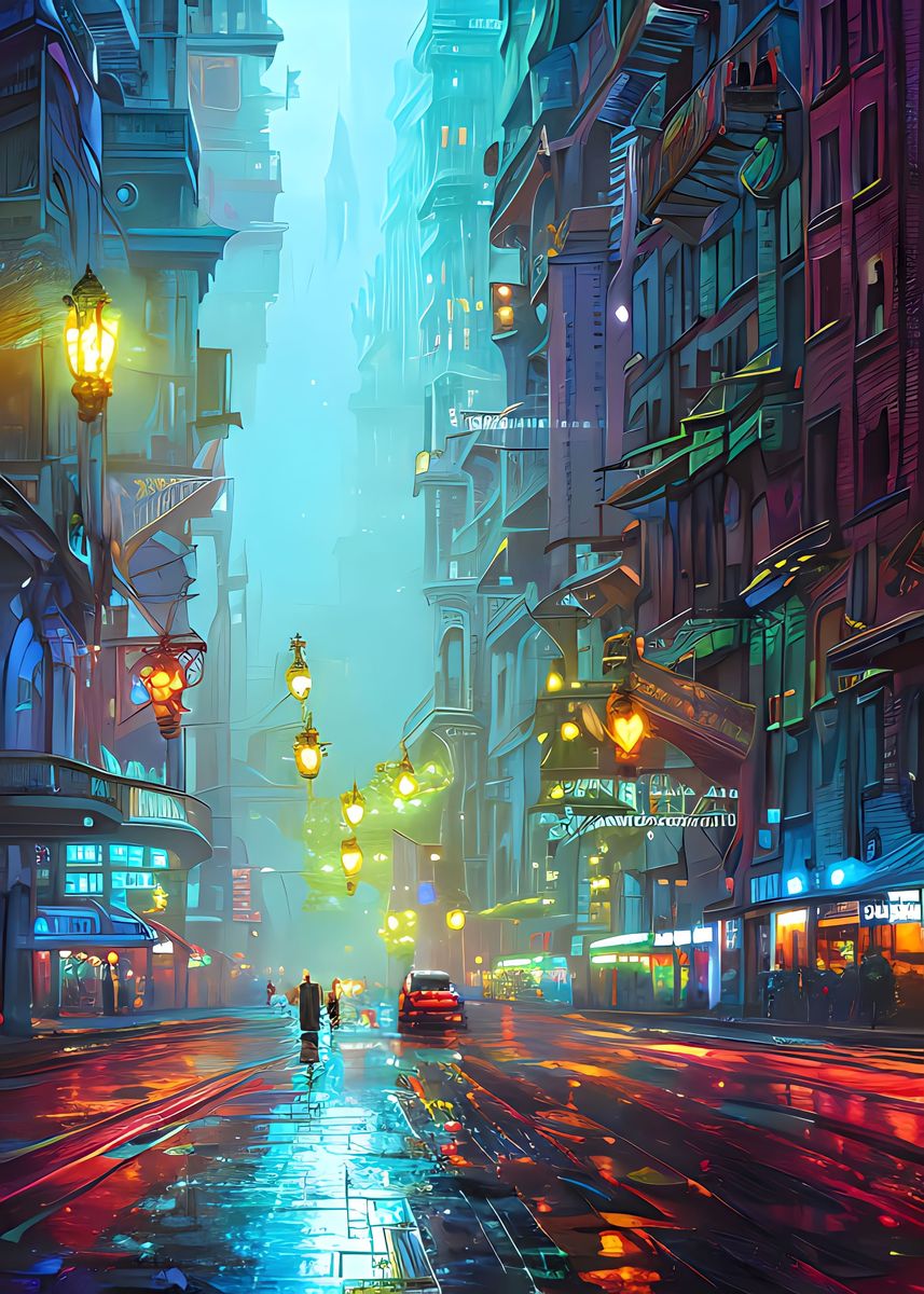 Vibrant Cyberpunk City Poster Picture Metal Print Paint By Alex