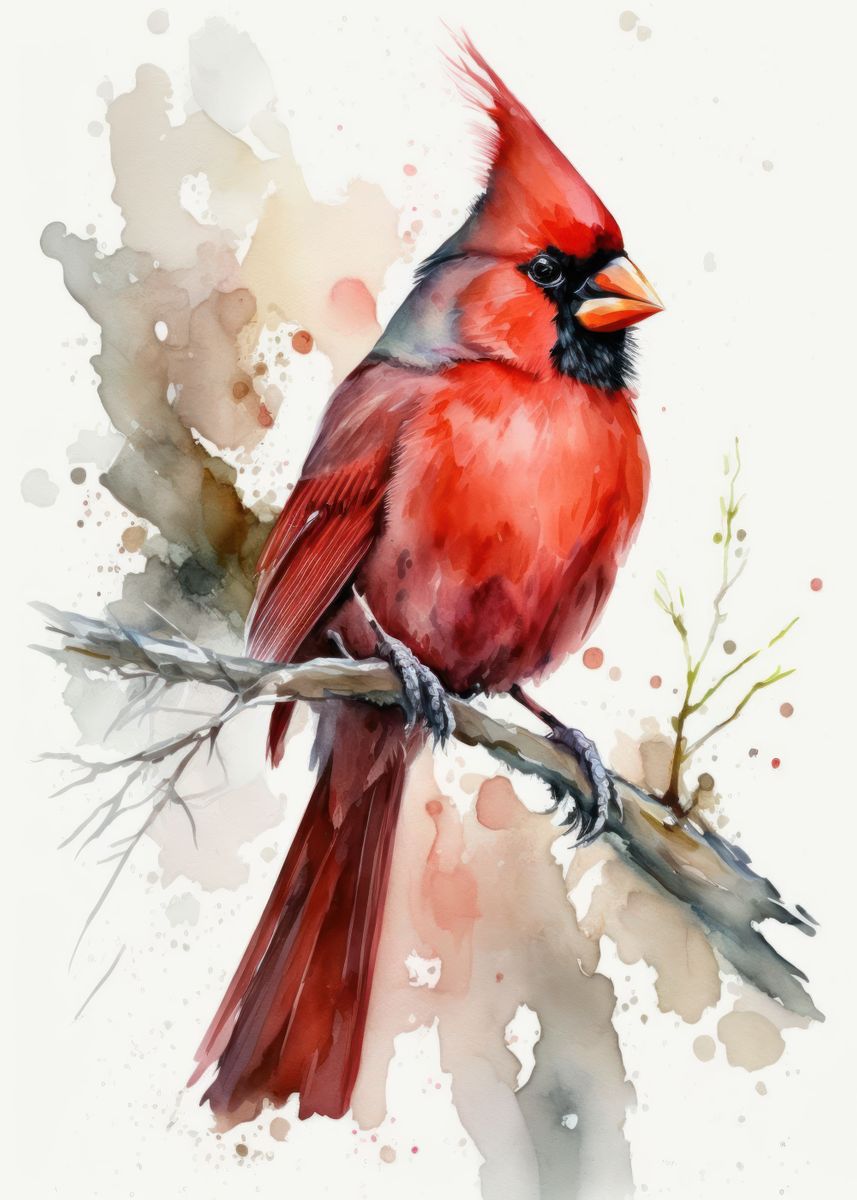 Watercolor Cardinal Bird Poster Picture Metal Print Paint By Usama