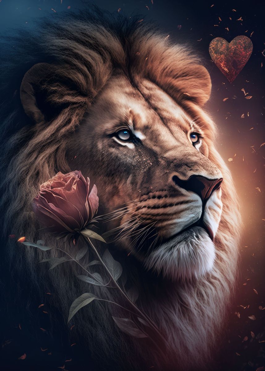 Majestic Lion Rose Poster Picture Metal Print Paint By Zenja