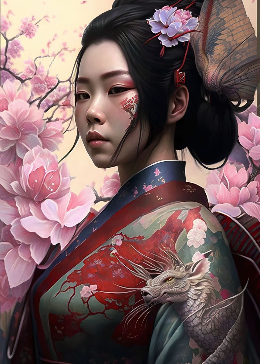 Geisha Dragon Poster Picture Metal Print Paint By Graphic Japanese