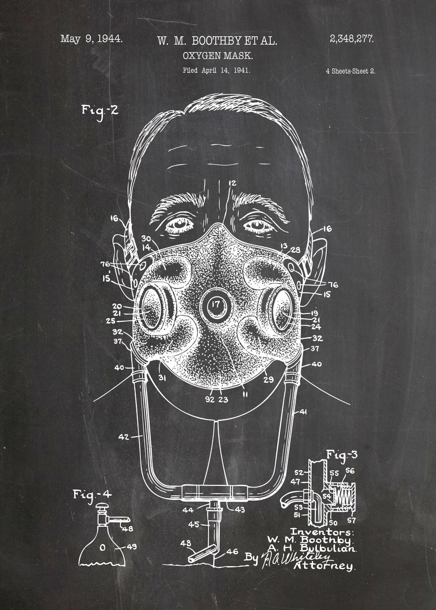 Oxygen Mask Patent 1944 Poster Picture Metal Print Paint By