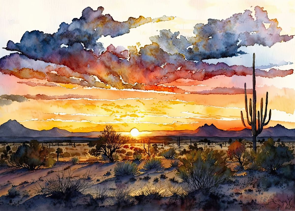 Desert Watercolor Sunset Poster By Nick Lopez Displate