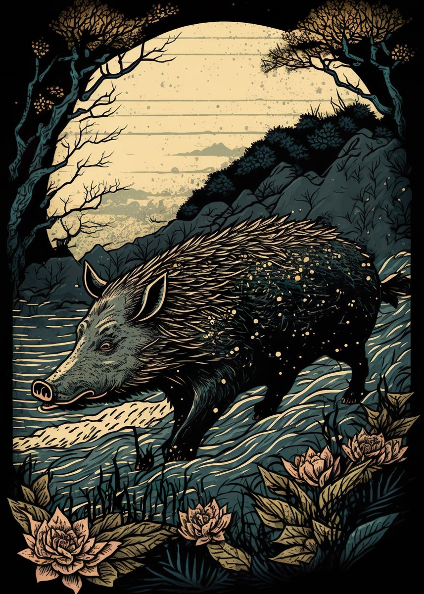 Wild Boar Ukiyo E Japan Poster Picture Metal Print Paint By Dennex