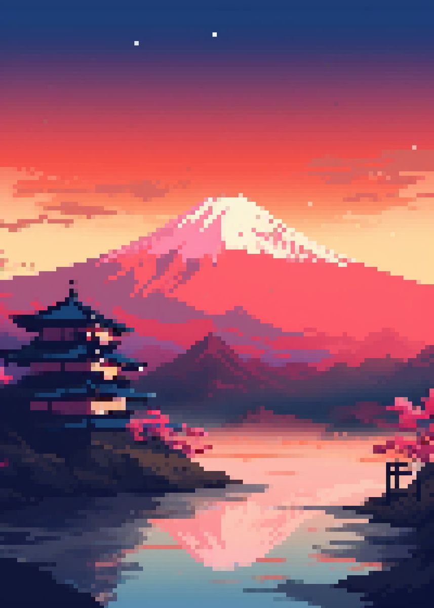 Mount Fuji Pixel Art Poster Picture Metal Print Paint By Powerful