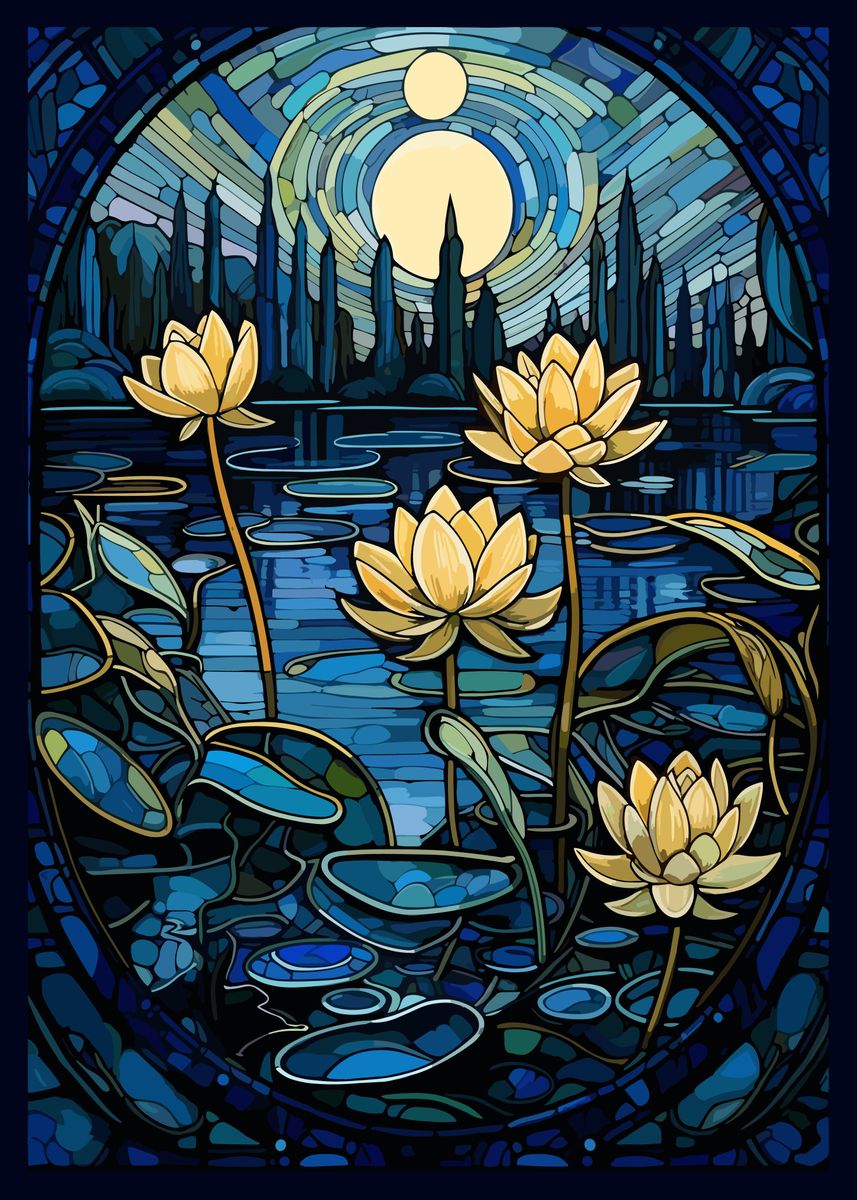 Waterlilies Stained Glass Poster Picture Metal Print Paint By