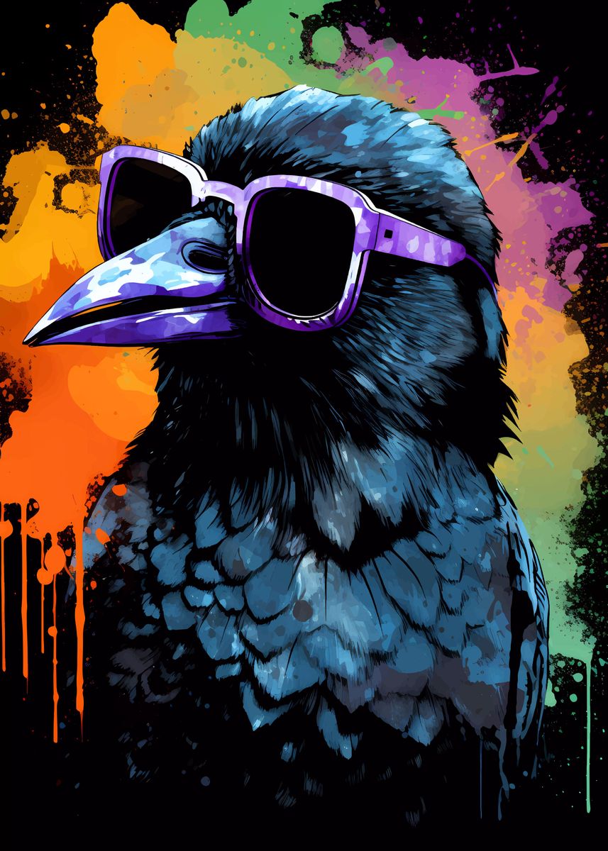 Crow With Sunglasses Raven Poster Picture Metal Print Paint By