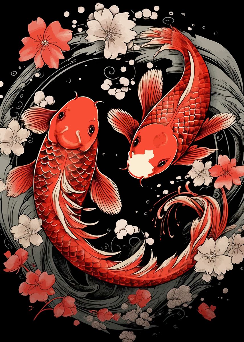 Japanese Yin Yang Koi Fish Poster Picture Metal Print Paint By