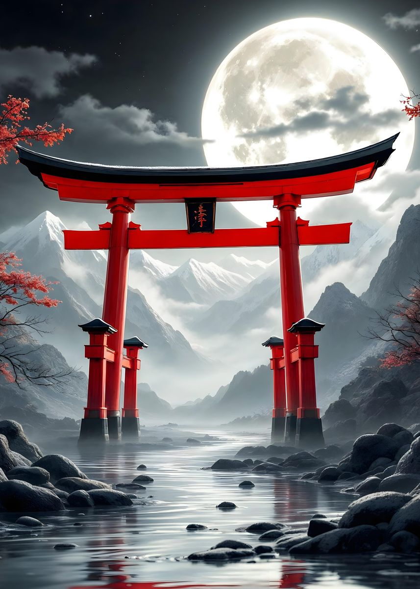 Japanese Torii Gate Under Full Moon Poster Picture Metal Print