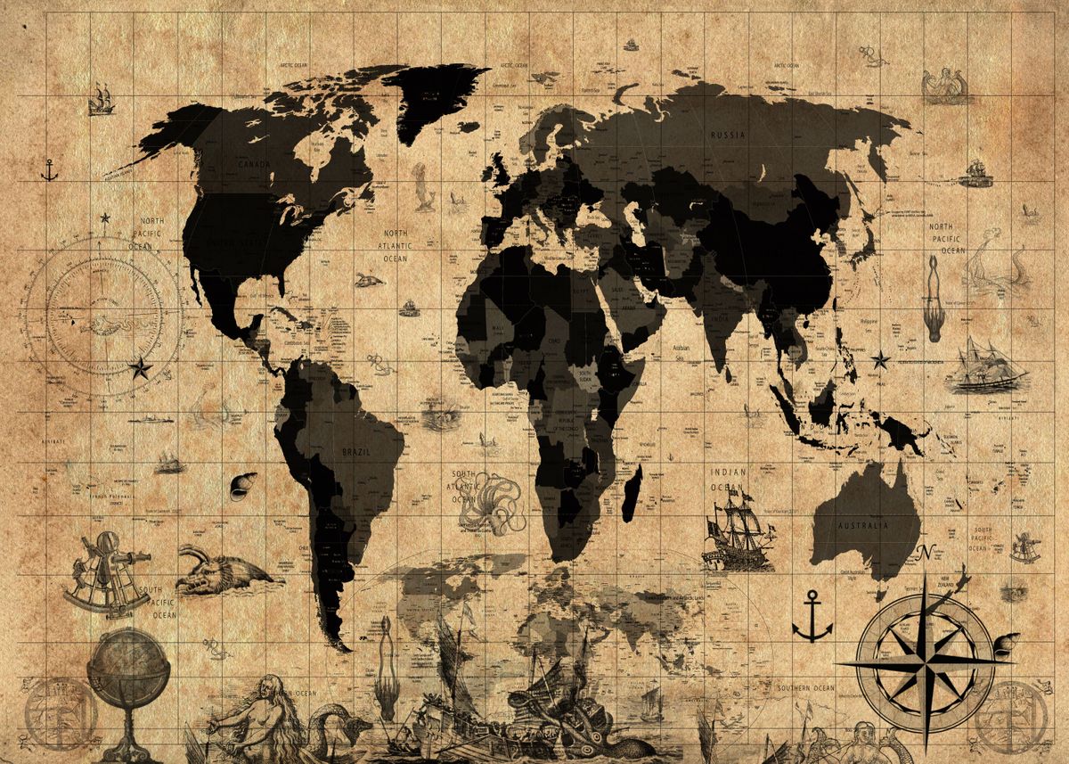 'world map vintage sepia' Poster, picture, metal print, paint by Bekim ...