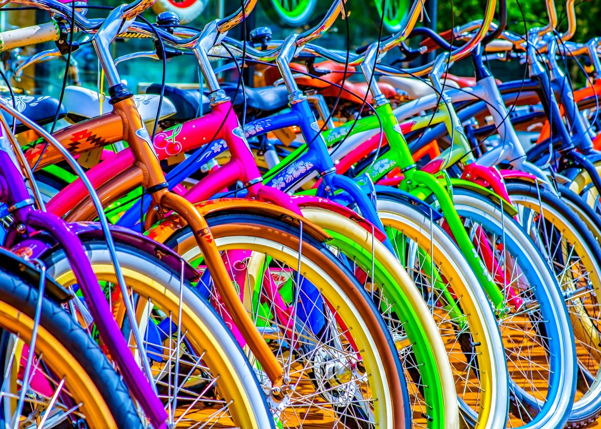 Nice Color Bycycle 'Colorful Bicycles In A Row' Poster, picture, metal print, paint by Art ...