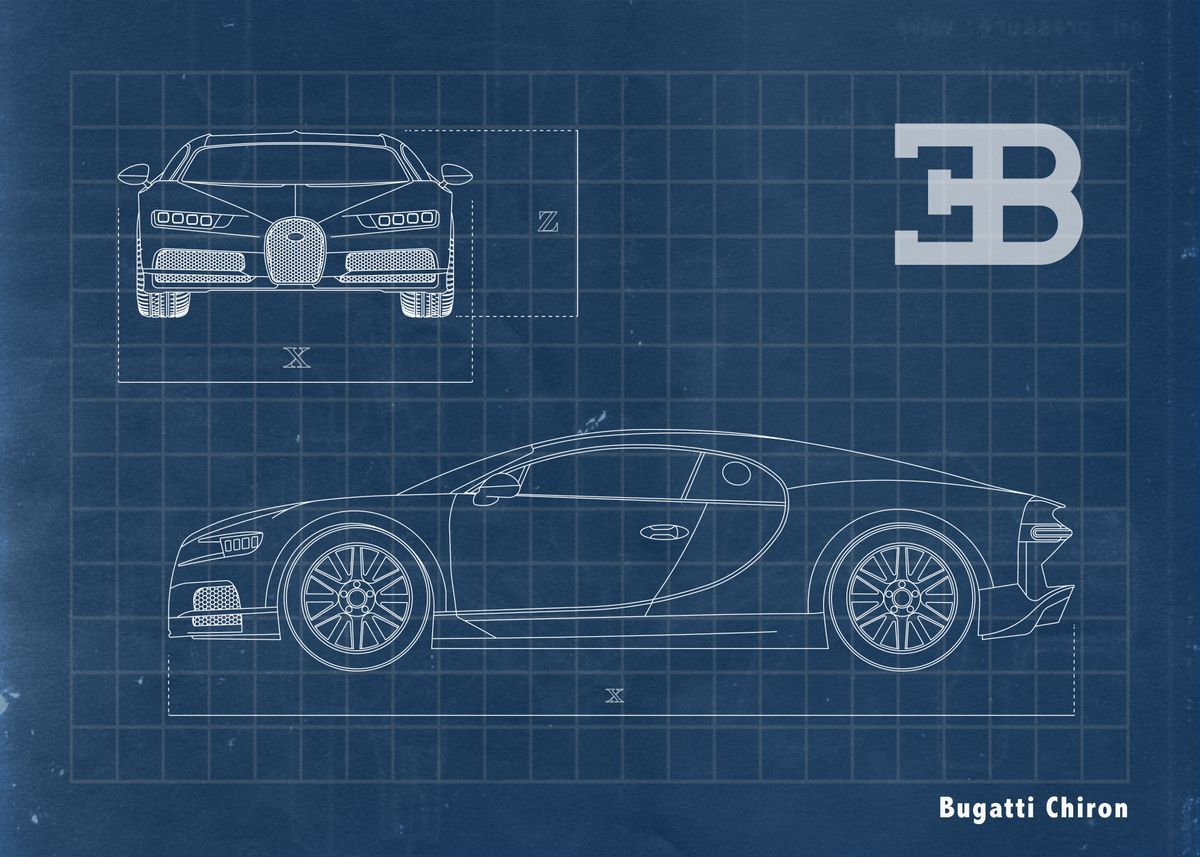 'Bugatti Veyron Blueprint ' Poster, picture, metal print, paint by Paul