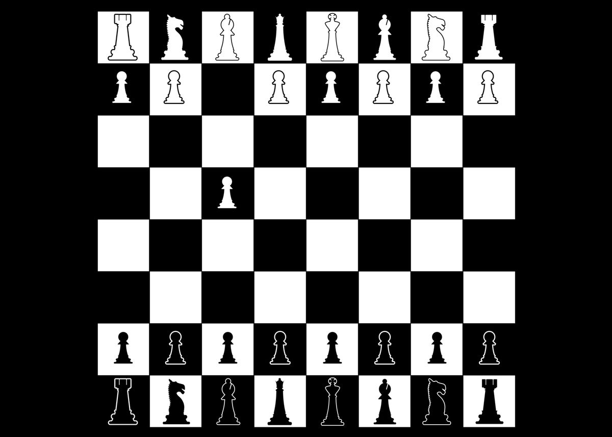 Layout Of A Chess Board In Black And White With Whites First Move