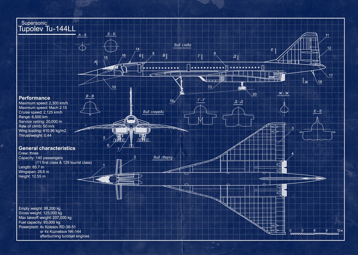 'Tupolev TU 144 blueprint' Poster, picture, metal print, paint by ...