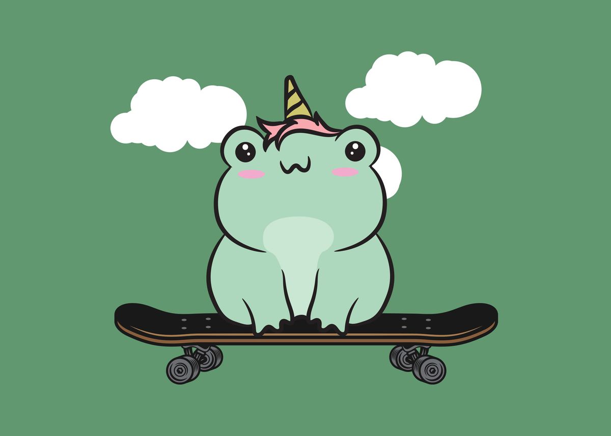 Cute Frog on Skateboard, Kawaii Cottagecore Aesthetic Frog, Skating Cartoon  Lover