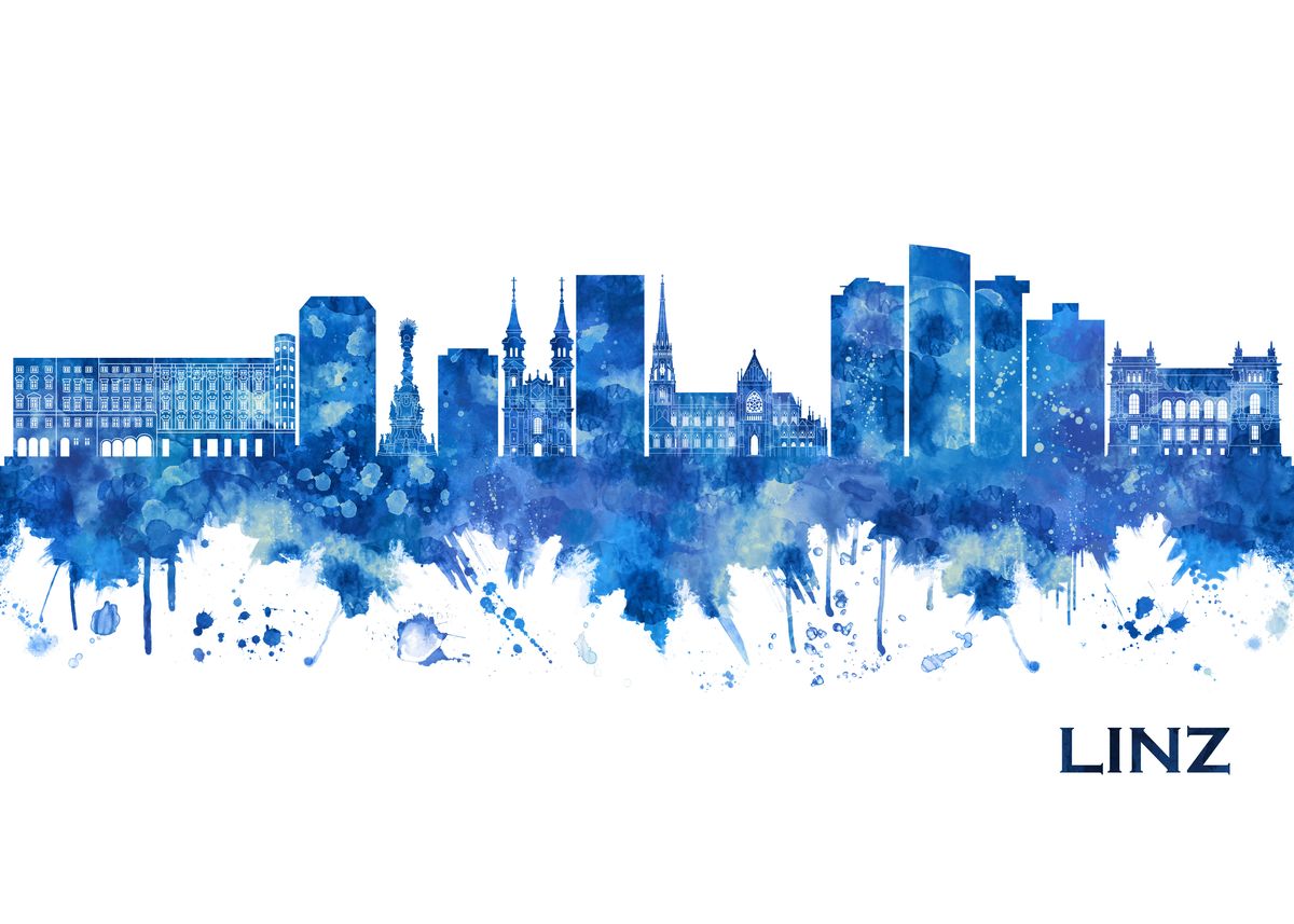 'Linz Austria Skyline Blue' Poster, picture, metal print, paint by ...