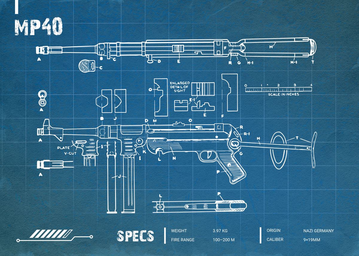 'Mp40 Weapon Blueprint' Poster, Picture, Metal Print, Paint By Basues ...