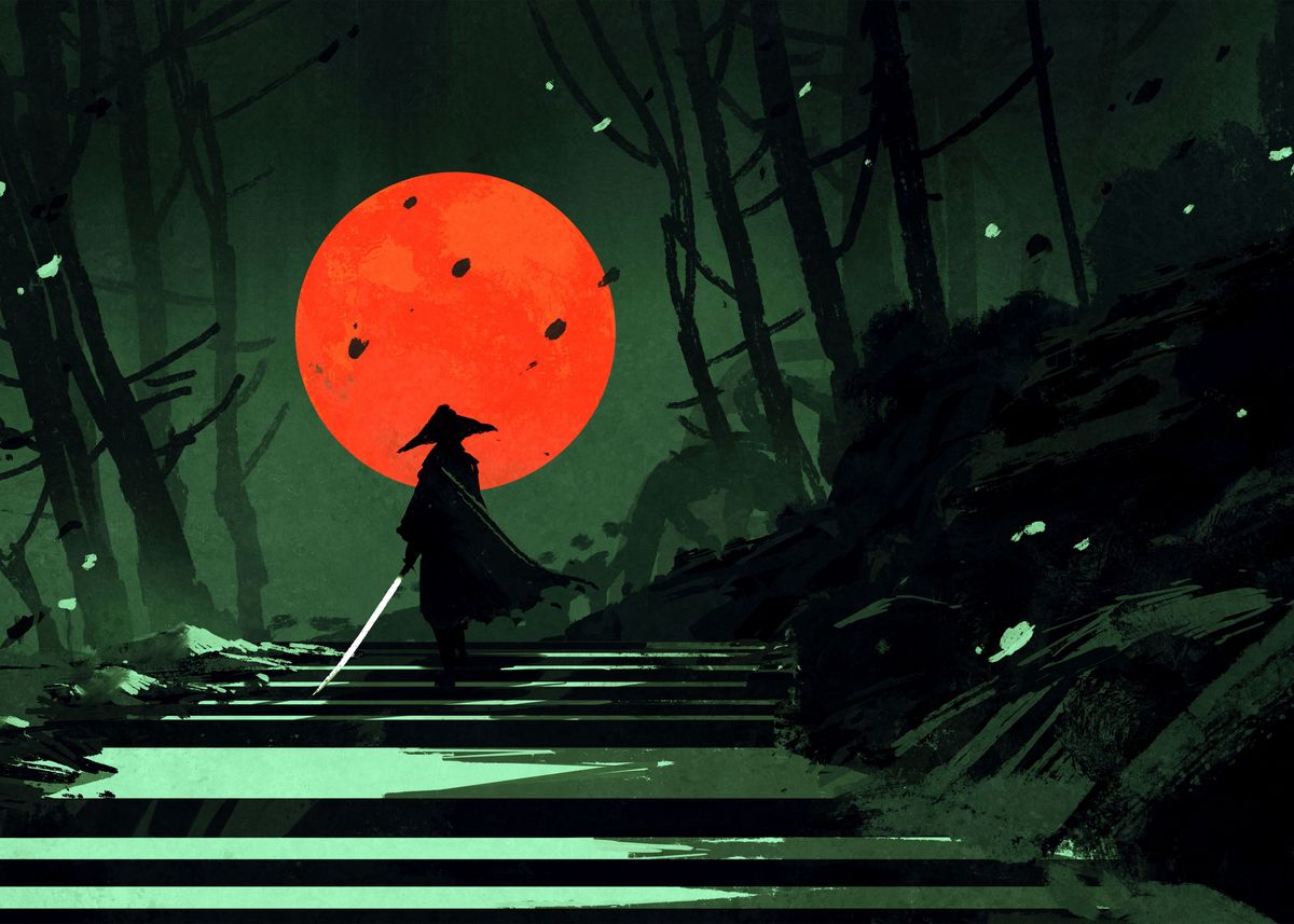 'Red Moon Samurai' Poster By Michael Landsberger | Displate