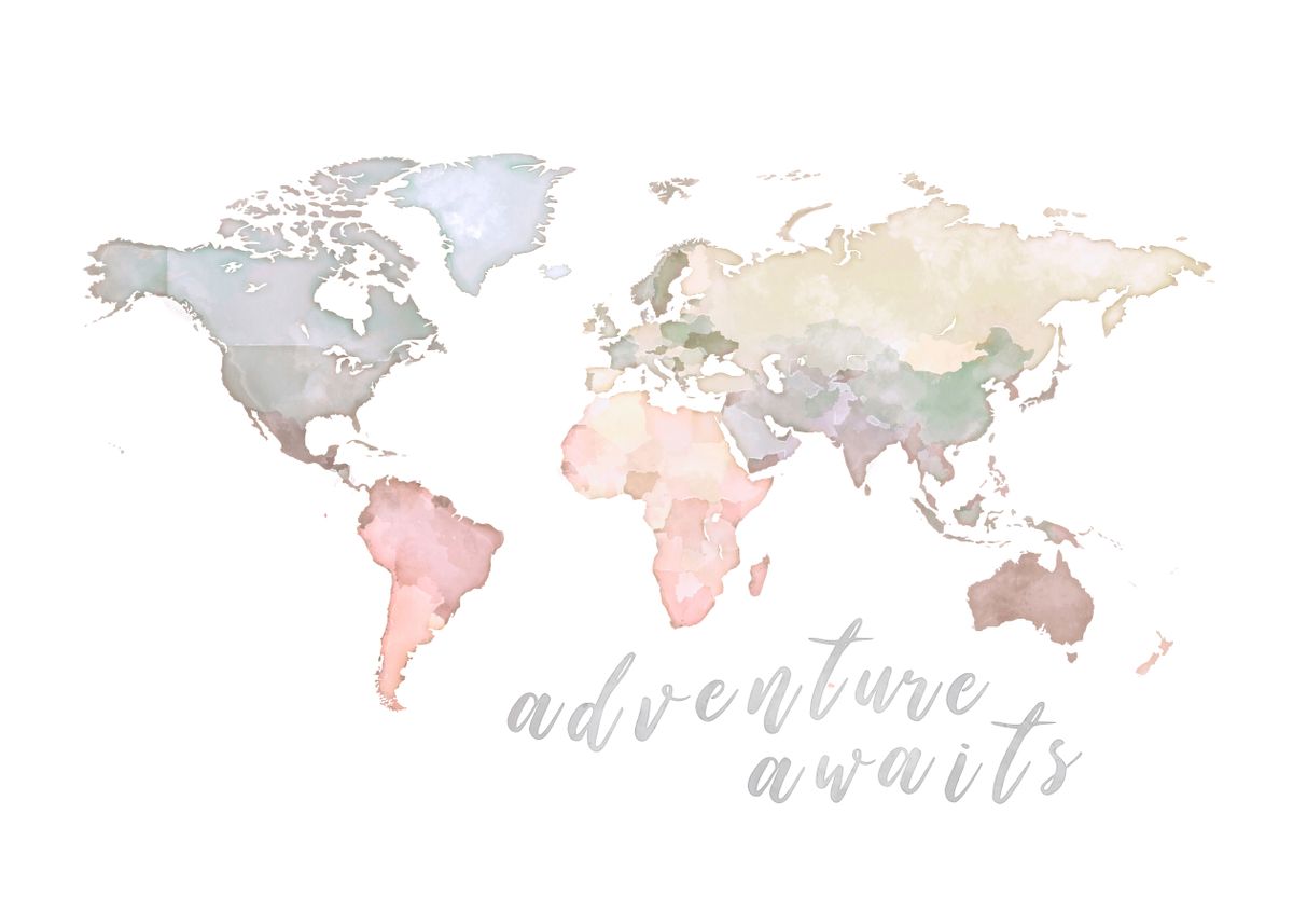 'Adventure Awaits World Map' Poster, picture, metal print, paint by ...