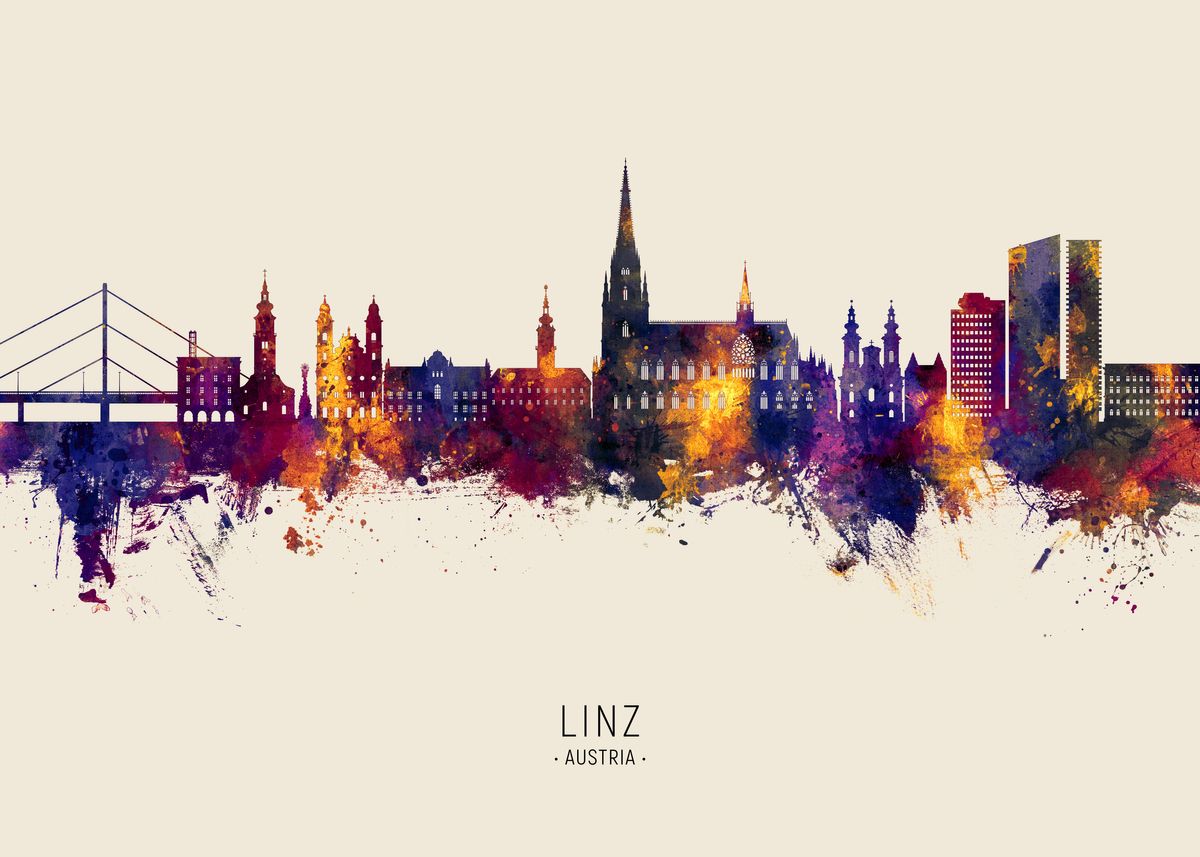 'Linz Skyline Austria' Poster, picture, metal print, paint by Michael ...
