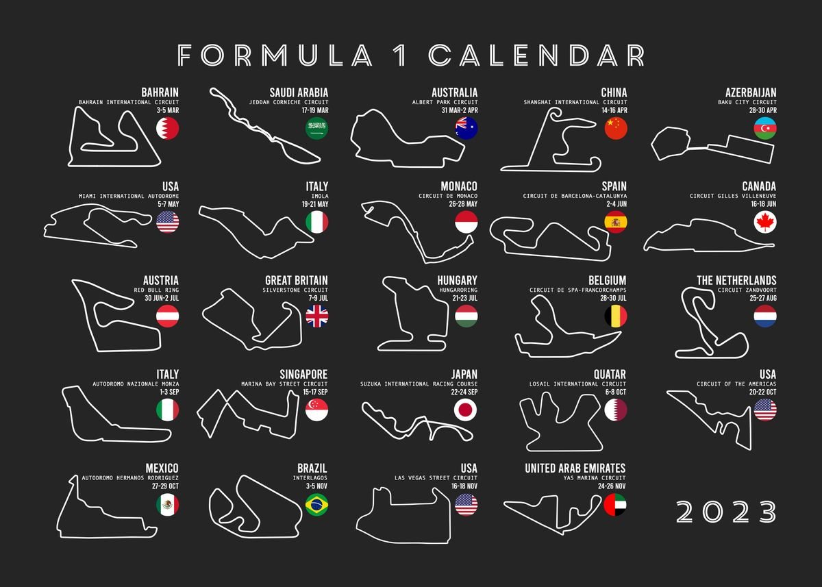 '2023 F1 calendar' Poster, picture, metal print, paint by Daisy Donna