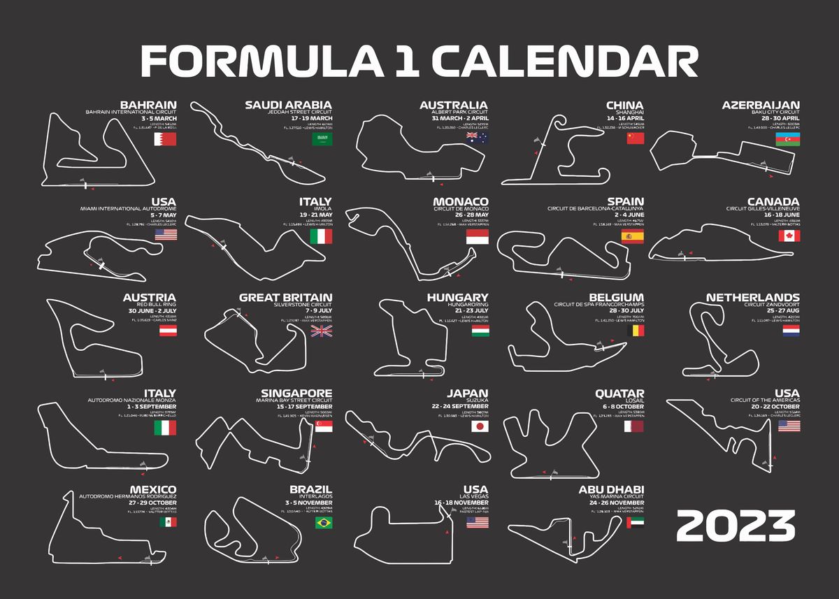 'F1 Calendar 2023' Poster, picture, metal print, paint by F1 Super Car