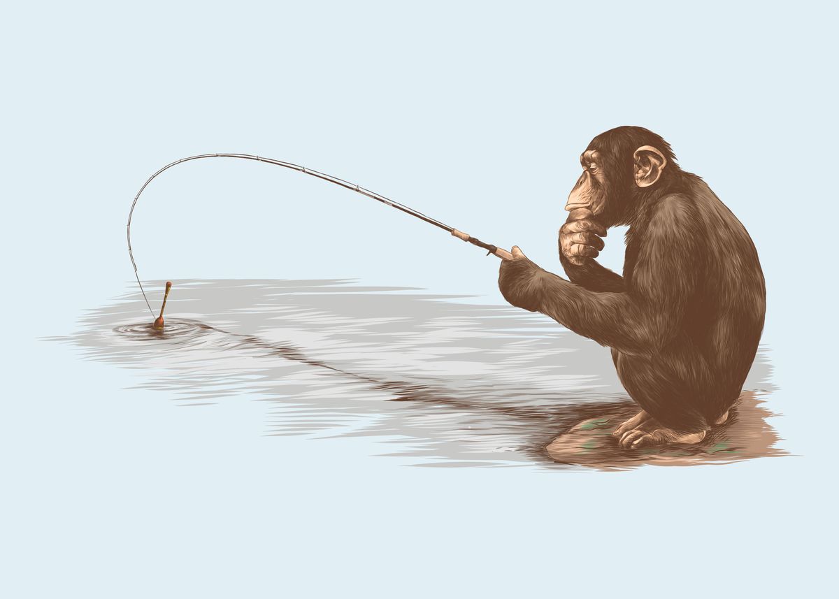 Monkey Fishing' Poster, picture, metal print, paint by dkDesign