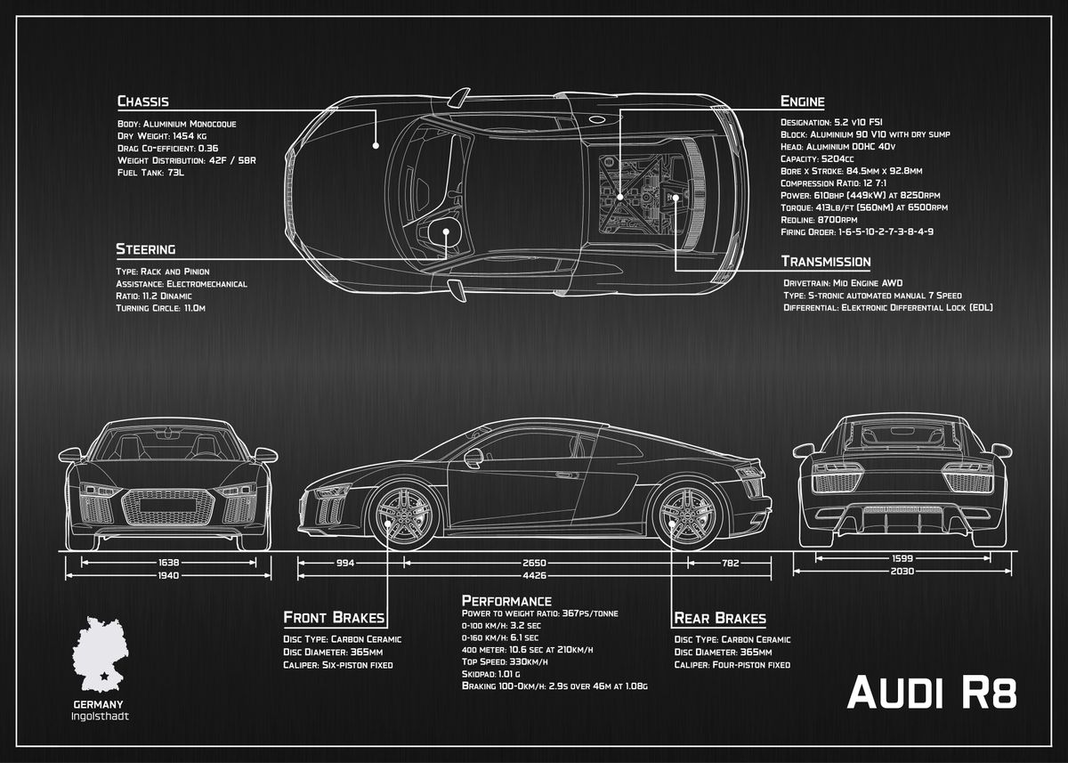 Audi R8 blueprint ALU' Poster, picture, metal print, paint by Norby Jenei