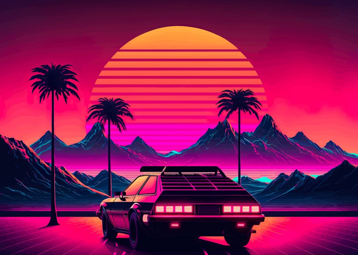 'retro neon car sunset' Poster, picture, metal print, paint by ...