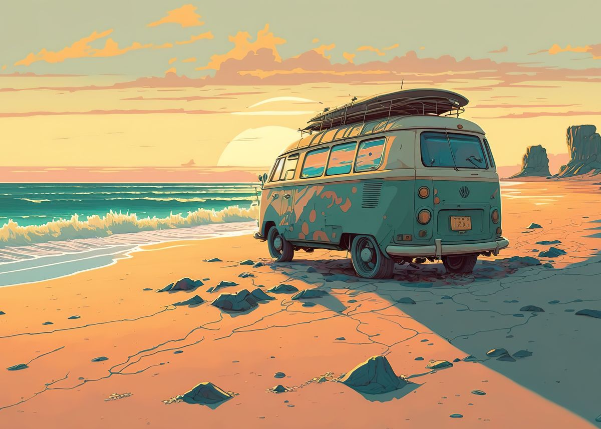 'Van on the beach ' Poster, picture, metal print, paint by Chloe ...