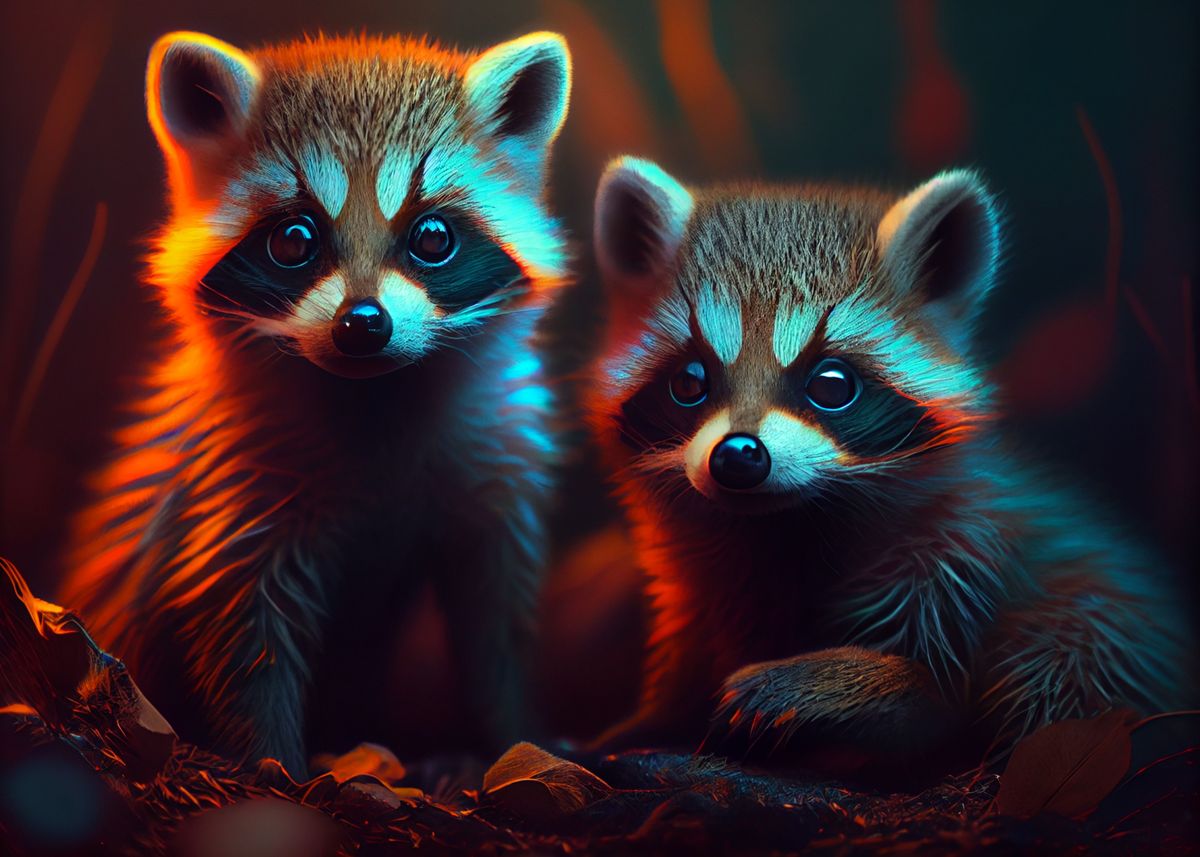 Colorful Raccoon 'Colorful raccoons' Poster, picture, metal print, paint by Below ...