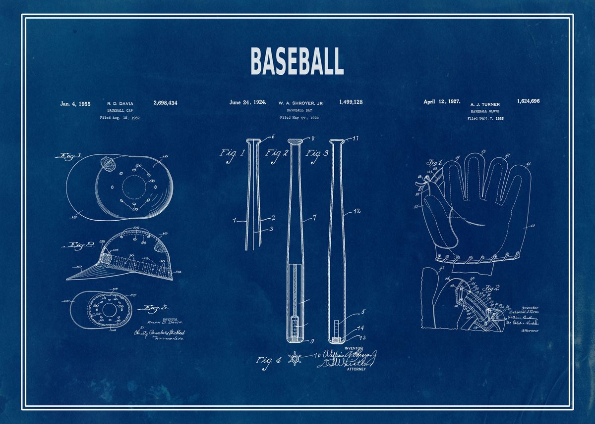 'Patent Baseball Bat Cap Gl' Poster, picture, metal print, paint by