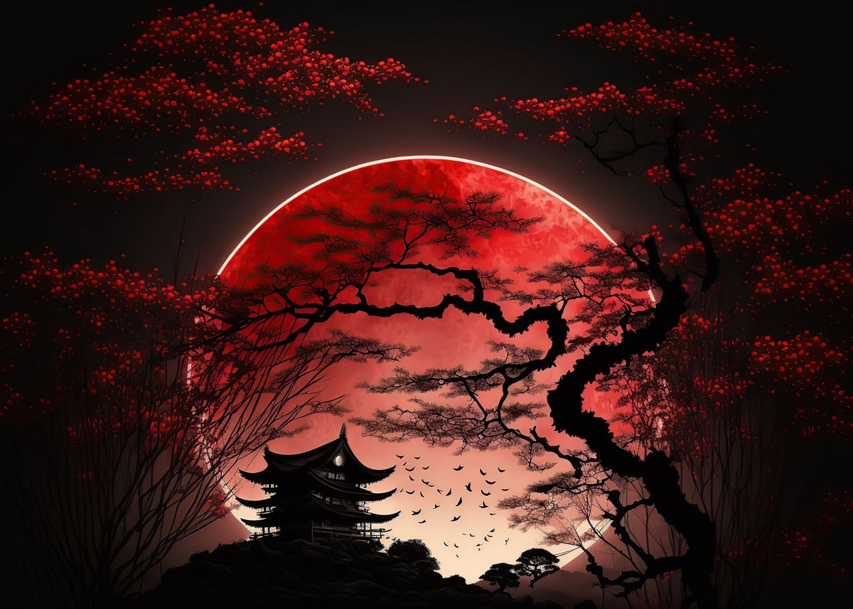  Red Moon Japan Poster Picture Metal Print Paint By Coral Blackwell 