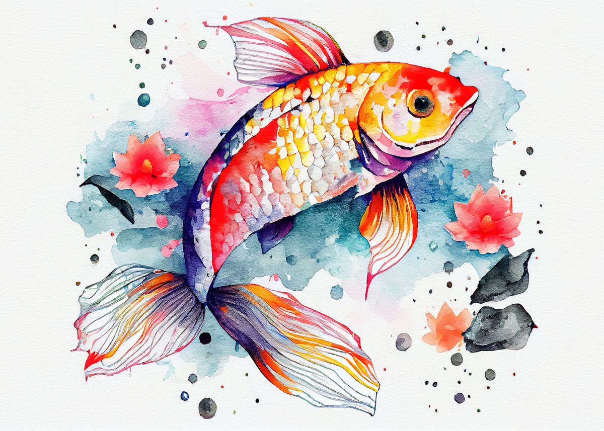 Watercolor Koi Fish ' Poster, picture, metal print, paint by Leika Satoshi