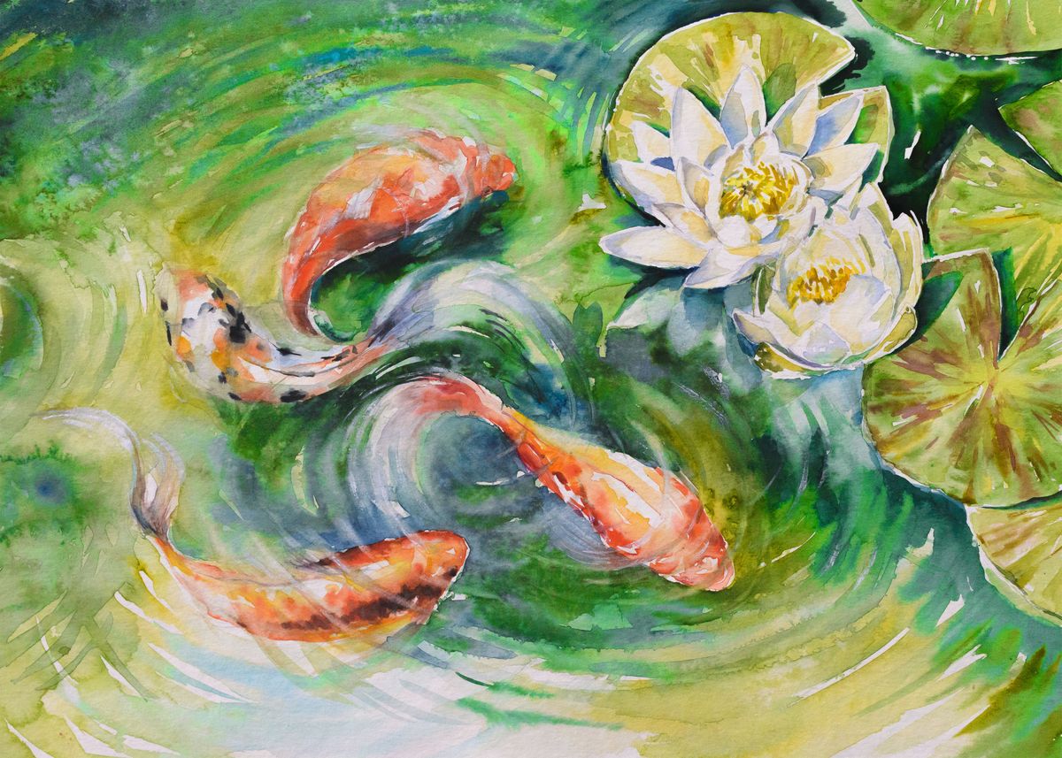 Watercolor Koi Fish ' Poster, picture, metal print, paint by Leika Satoshi