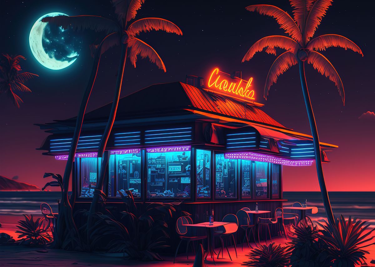 'Outdoor Bar Beach Neon' Poster by Anime | Displate