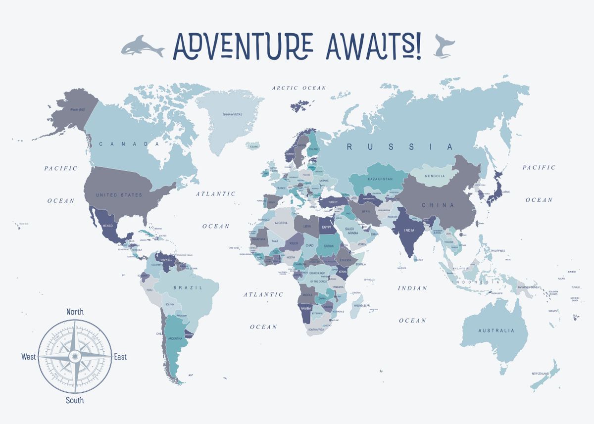 'Adventure Awaits World Map' Poster, picture, metal print, paint by