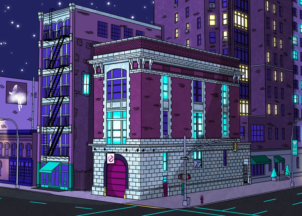 'Ghostbusters HQ at Night' Poster, picture, metal print, paint by Fat Rat Displate
