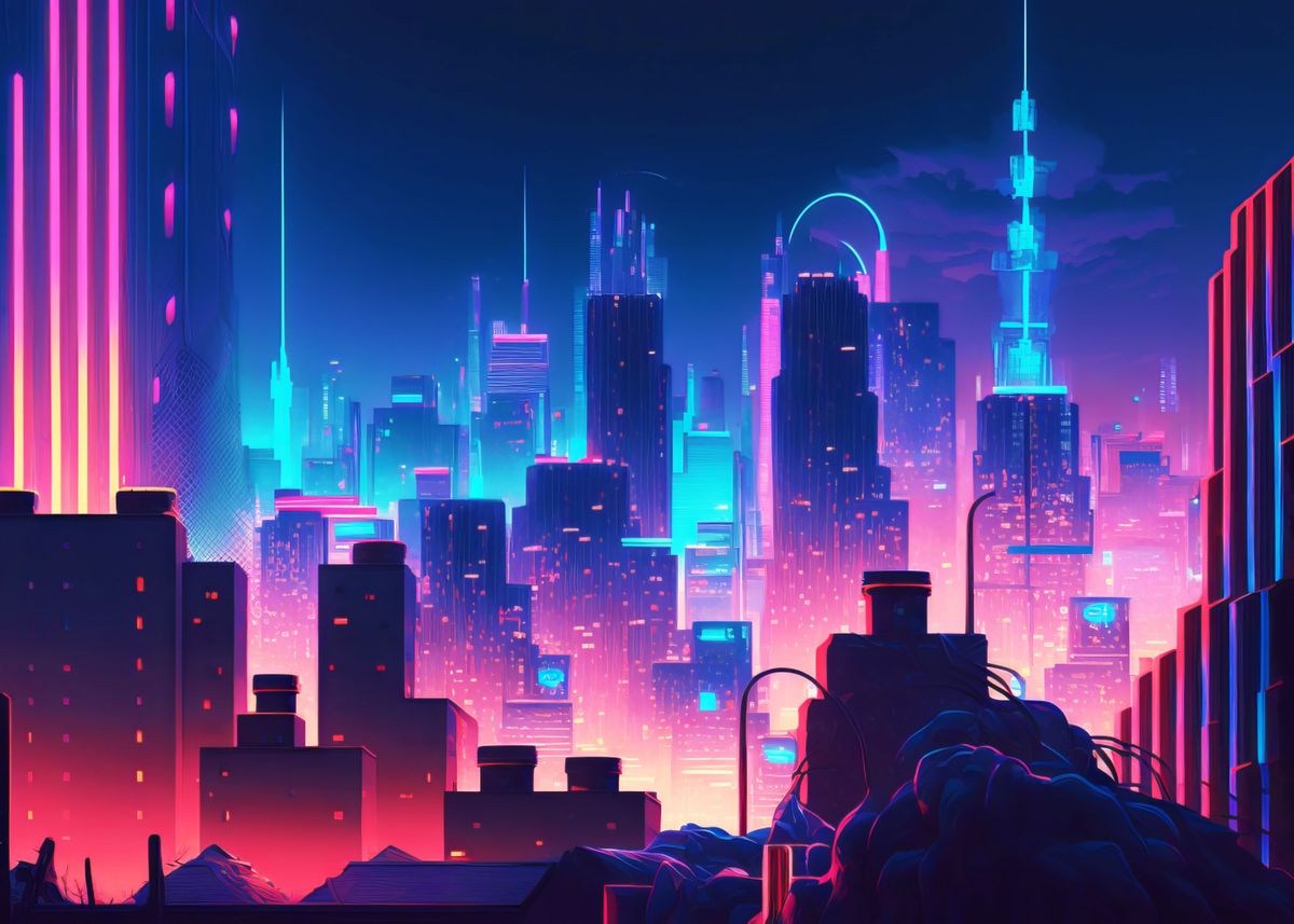 'Cyberpunk Neon City' Poster, picture, metal print, paint by 80s Retro ...