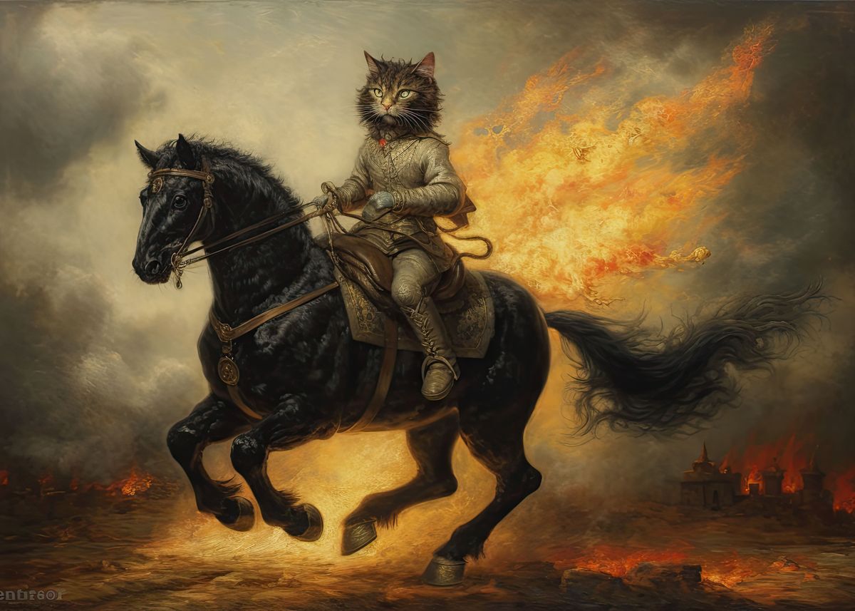'Cat Riding a War Horse' Poster, picture, metal print, paint by Jensen ...