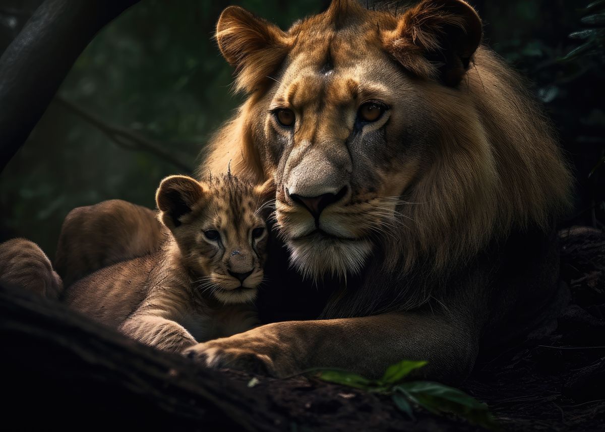 'Lion Father and Baby' Poster, picture, metal print, paint by